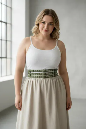 Khaki Faux Leather Triple-Row Waist Harness Belt on woman, eyelets