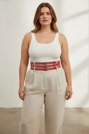 Red Faux Leather Waist Harness Belt with Square Buckles Worn Over Trousers