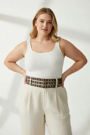 Dark Brown Faux Leather Three-Strap Waist Harness Belt with Silver Eyelets