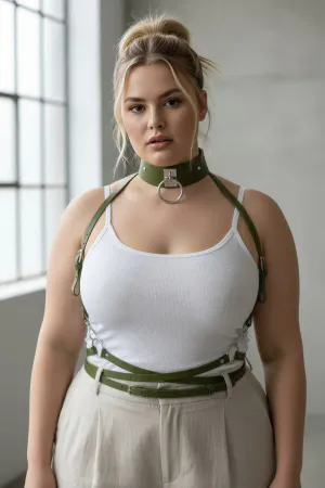 Khaki Vegan Leather Underbust Harness with O-Ring Choker on Woman