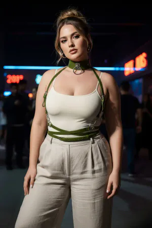 Khaki Vegan Leather Underbust Harness with O-Ring Choker on Woman