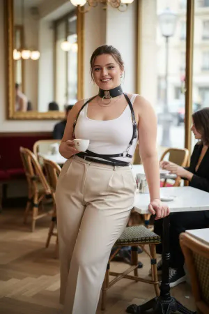 Black Faux Leather Body Harness with O-Ring Choker and Waist Belt worn over white top