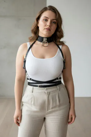 Black Faux Leather Body Harness with O-Ring Choker and Waist Belt worn over white top