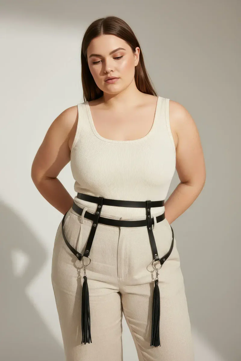 Black faux leather waist harness with detachable