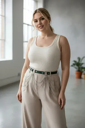 Dark Green Vegan Leather Waist Harness Belt with Cascading Silver Chains