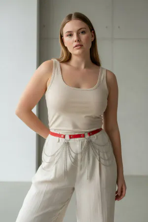 Red Faux Leather Waist Belt with Draping Chains, Silver Hardware on a Woman