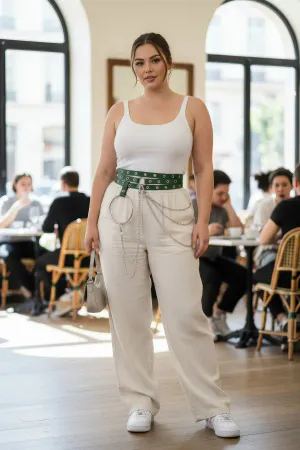 Wide Green Vegan Leather Grommet Belt with Detachable Chain Detail