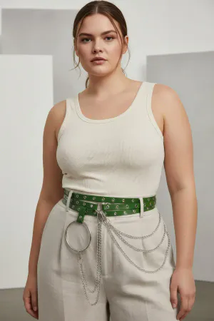 Wide Green Vegan Leather Grommet Belt with Detachable Chain Detail