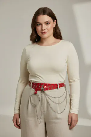 Red Faux Leather Belt with Silver O-Ring and Chain Details Worn by Plus-Size Model