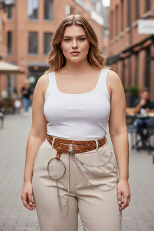 Tan Faux Leather Eyelet Belt with O-Ring Chains Women Hip Accessory