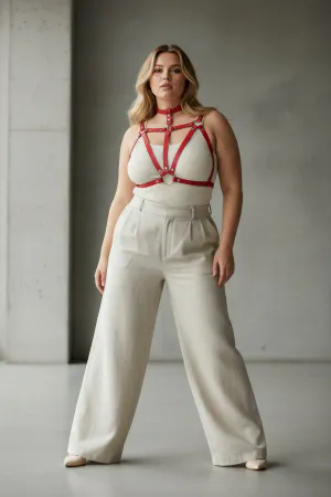 Büyük Beden Kırmızı Kadın Kemer Halka Detaylı Deri Harness Vücut Aksesuarı - APFT747