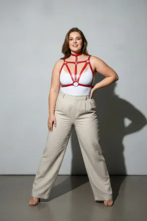 Büyük Beden Kırmızı Kadın Kemer Halka Detaylı Deri Harness Vücut Aksesuarı - APFT747