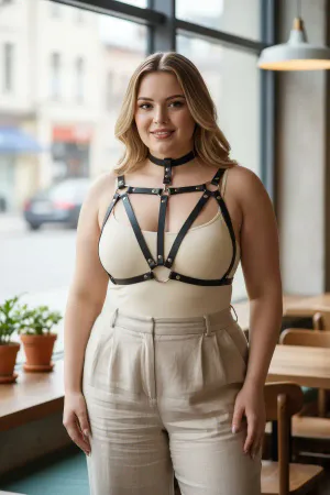 Black Faux Leather Cage Chest Harness with Choker O-Ring