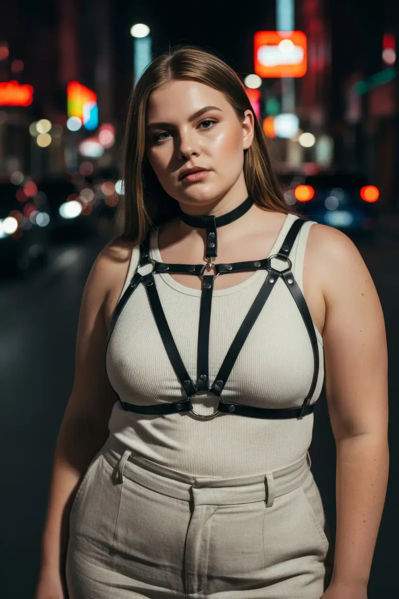 Fashion harness top layered over a