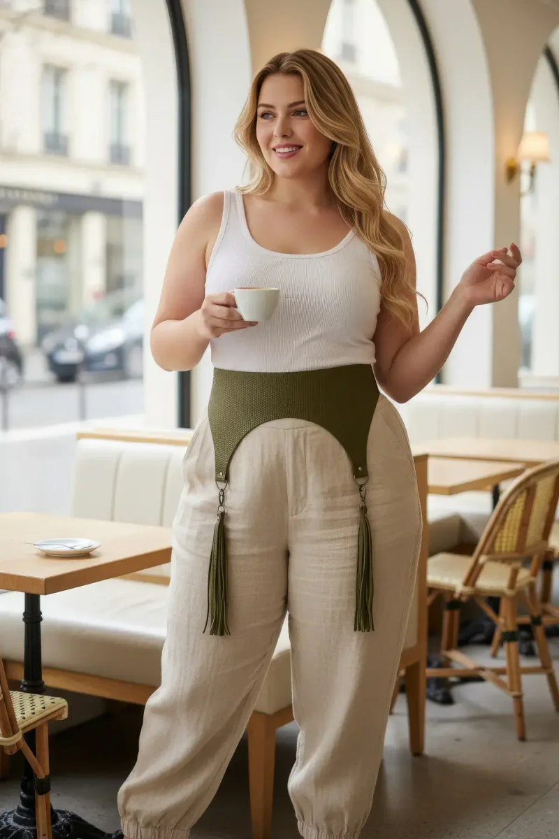 Olive Green Vegan Leather High-Waisted Underbust Harness with Tassel Garters