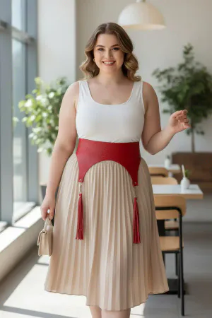 Red Faux Leather Waist Harness Belt with Tassels on Plus Size Model