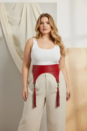 Red Faux Leather Waist Harness Belt with Tassels on Plus Size Model