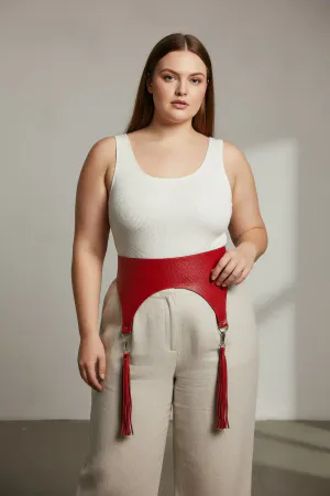 Red Faux Leather Waist Harness Belt with Tassels on Plus Size Model
