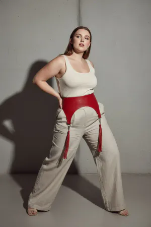 Red Faux Leather Waist Harness Belt with Tassels on Plus Size Model