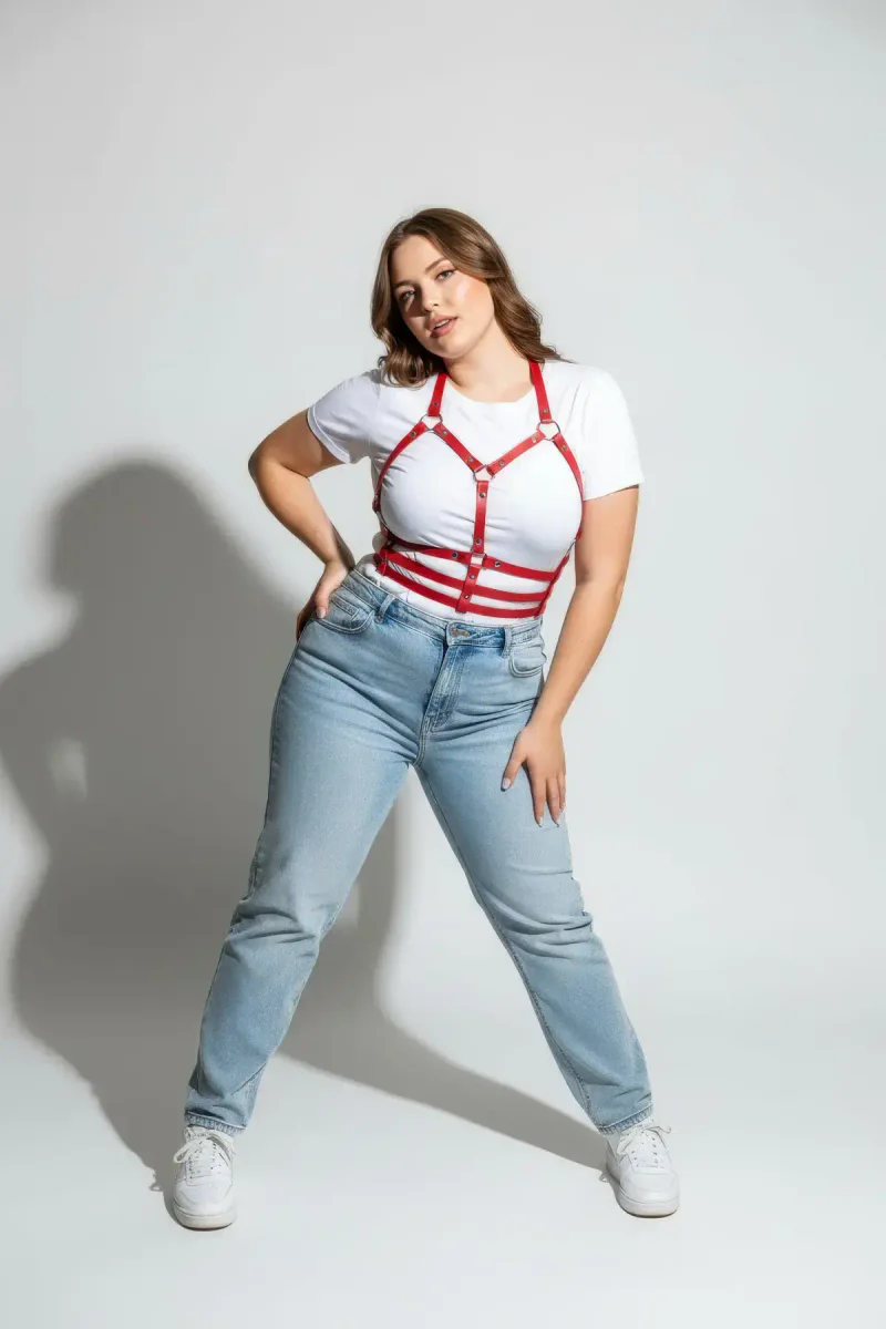 Red fashion harness close-up with silver
