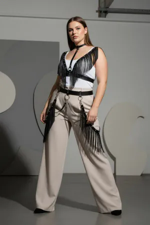 Büyük Beden Siyah Kadın Kemer Püsküllü Deri Harness Vücut Aksesuarı - APFT768