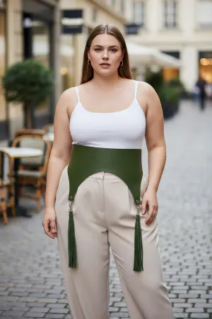 Olive Faux Leather Waist Harness Detachable Tassels Wide Belt Women