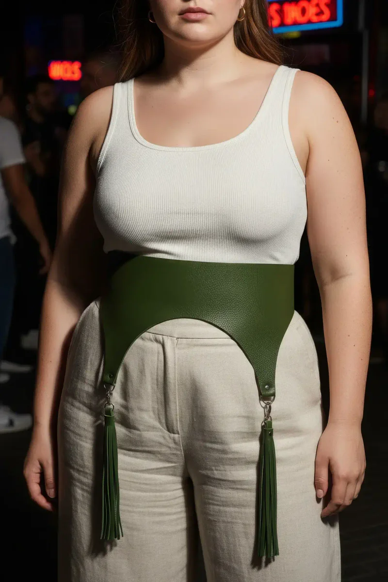 Fashion Harness Waist Belt Olive with wide faux