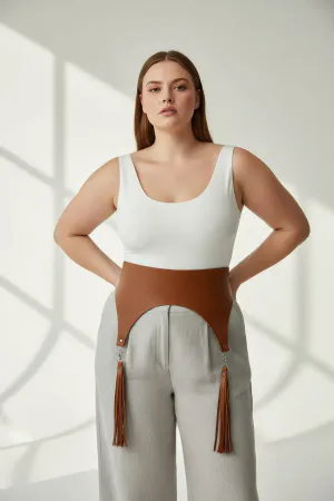 Tan Faux Leather Wide Waist Harness with Fringe Garter Straps