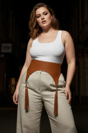 Tan Faux Leather Wide Waist Harness with Fringe Garter Straps