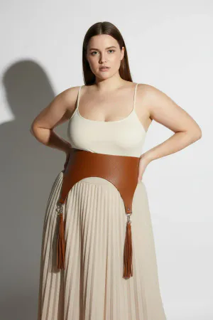 Tan Faux Leather Wide Waist Harness with Fringe Garter Straps