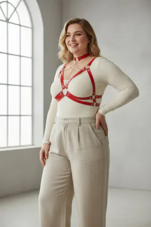 Red Faux Leather Chest Harness with Choker and Chain over White Bra