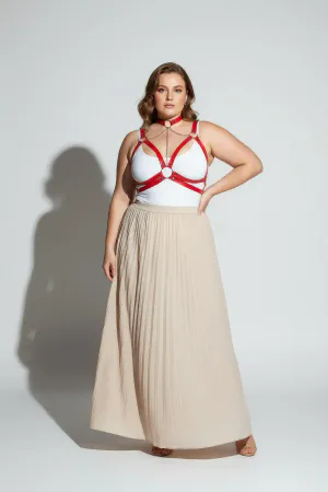 Red Faux Leather Chest Harness with Choker and Chain over White Bra
