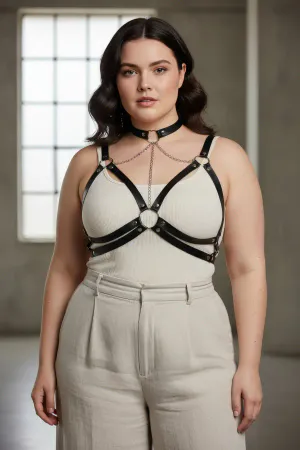 Büyük Beden Siyah Kadın Kemer Zincir Detaylı Deri Harness Vücut Aksesuarı - APFT797