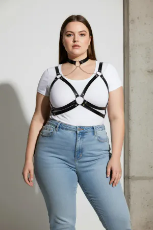 Büyük Beden Siyah Kadın Kemer Zincir Detaylı Deri Harness Vücut Aksesuarı - APFT797