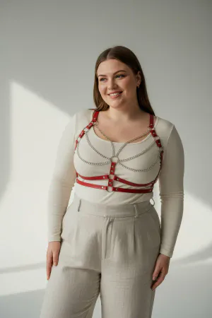 Büyük Beden Kırmızı Kadın Kemer Zincir Detaylı Deri Vücut Aksesuarı - APFT808