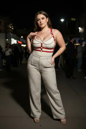 Büyük Beden Kırmızı Kadın Kemer Zincir Detaylı Deri Vücut Aksesuarı - APFT808