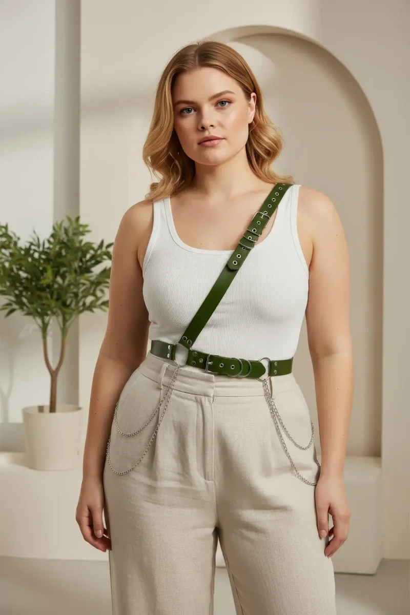 Fashion chest harness dark green faux leather on