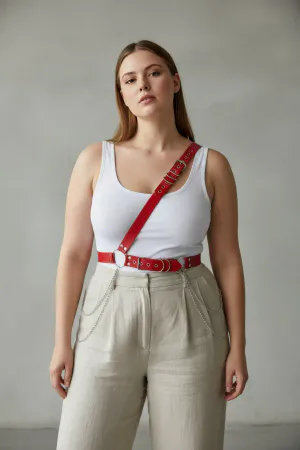 Red Faux Leather Single Shoulder Body Harness with Studs Worn by Plus-Size Woman