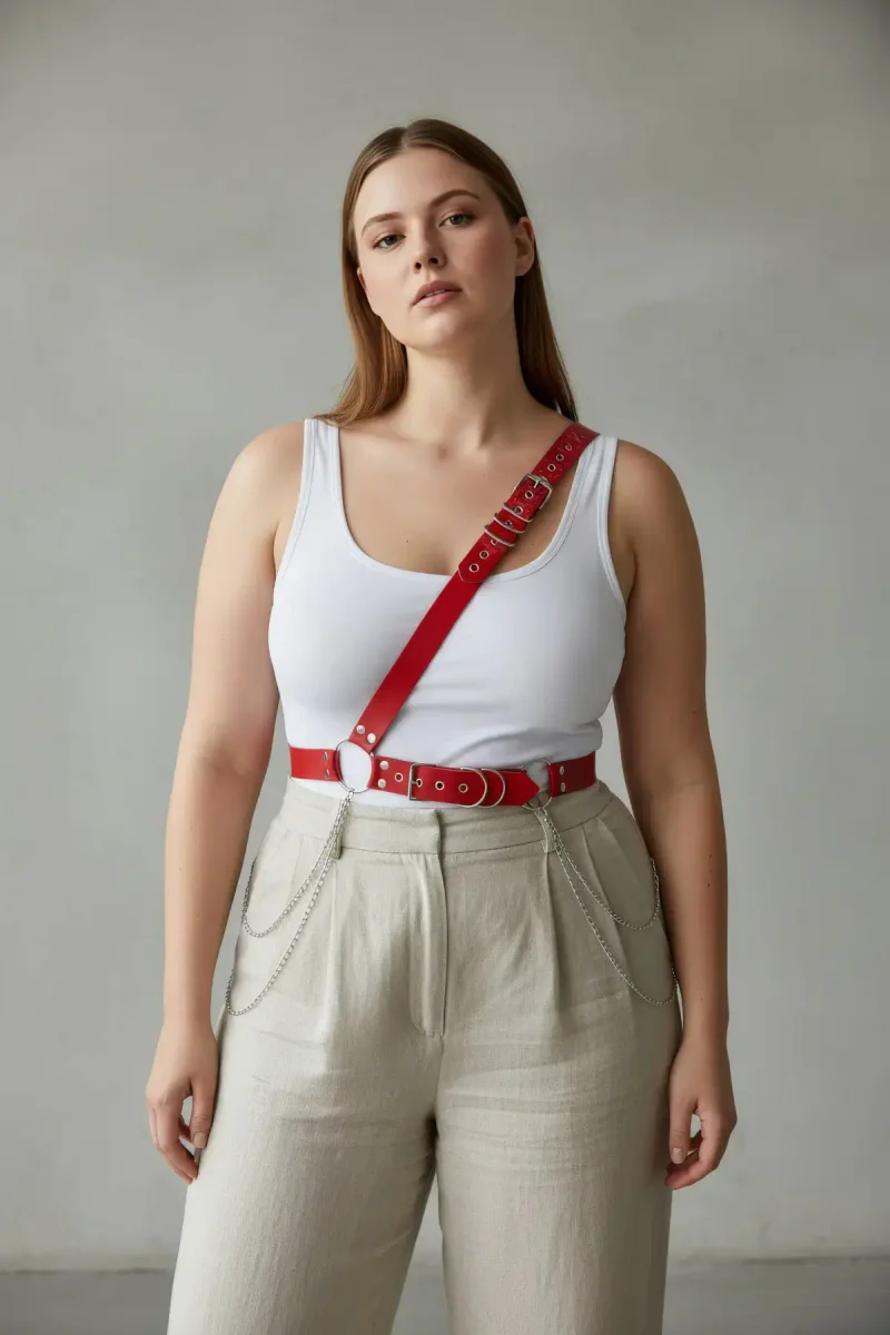 Red Vegan Leather Shoulder Harness Front View Adjustable