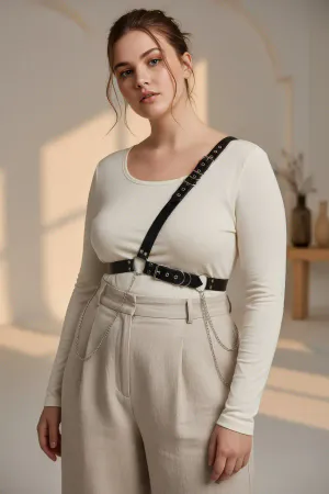 Büyük Beden Siyah Kadın Kemer Zincir Detaylı Body Harness Stil Vücut Aksesuarı - APFT813