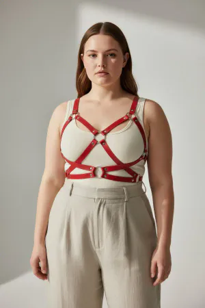 Red Faux Leather Cage Chest Harness O-Ring Adjustable Straps