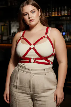 Red Faux Leather Cage Chest Harness O-Ring Adjustable Straps