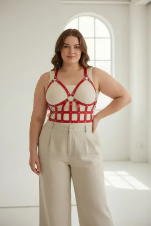 Red Caged Faux Leather Bustier Harness Women Adjustable Straps
