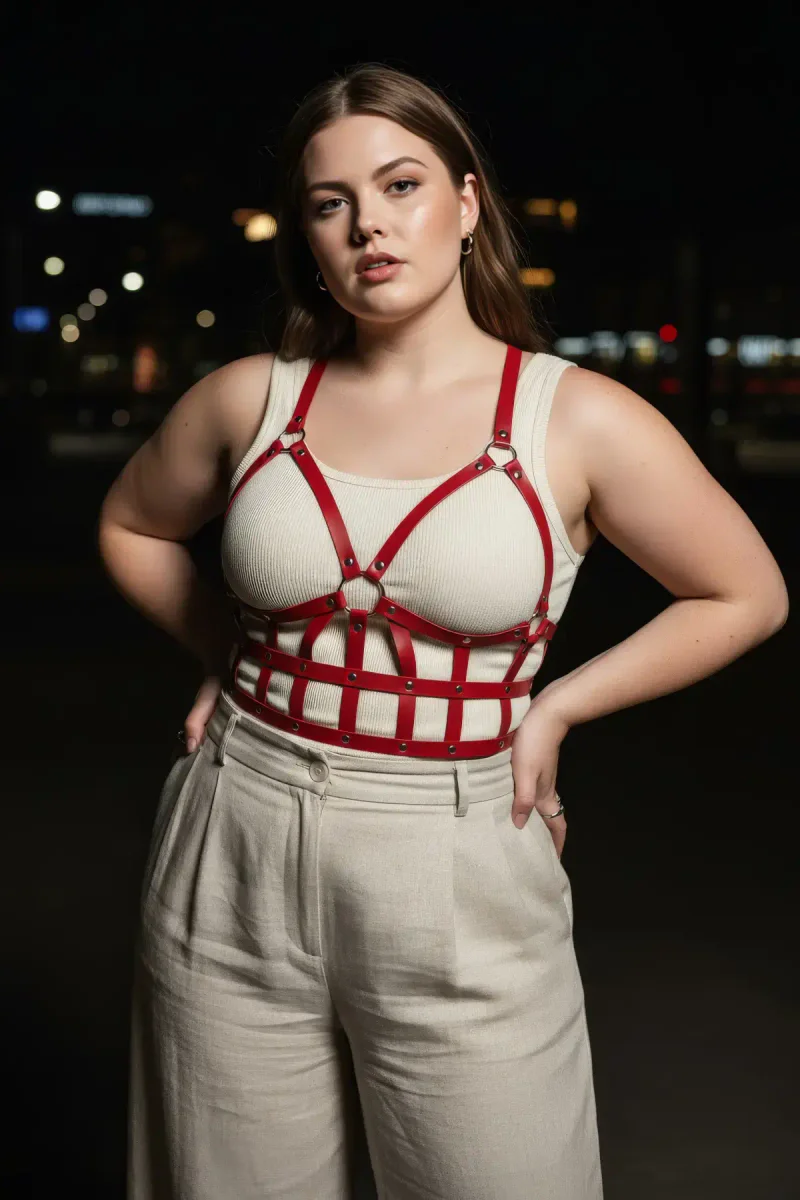 Red vegan leather caged top flat lay