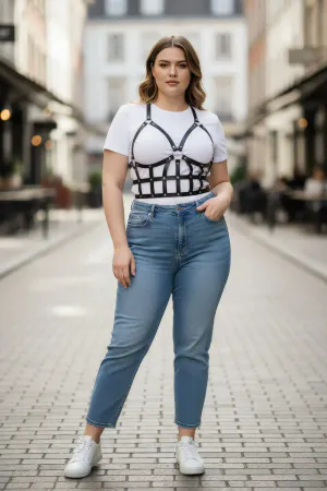 Black Caged Faux Leather Body Harness with Studded Grid Design worn over a white t-shirt