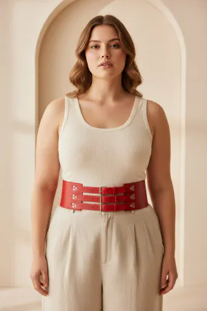 Red Faux Leather Wide Waist Cinch Harness Belt on Plus Size Model