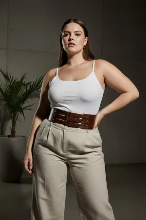 Cognac Faux Leather Waist Cinch Corset Triple Buckle Front View