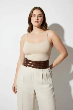 Cognac Faux Leather Waist Cinch Corset Triple Buckle Front View