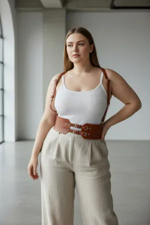 Tan Faux Leather Waist Cincher Harness with Double Buckles and Shoulder Straps
