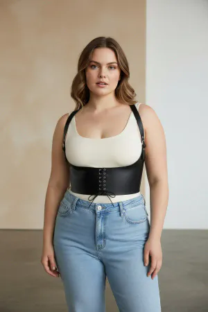 Black Faux Leather Underbust Corset Harness with Shoulder Straps Worn Over Camisole